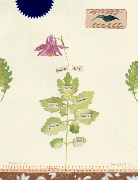 Tamar Rubinstein, Plants and bird, Mixed media on paper in wooden frame, 26x20 cm, €.150,-