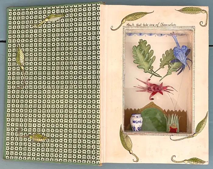 Tamar Rubinstein, Plants that can take care of themselves, Mixed media and collage in old book (can be hung), 21x27x3 cm, €.150,-