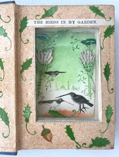 Tamar Rubinstein, The birds in my garden, 170 euro, Mixed media in old book, 18x24 cm