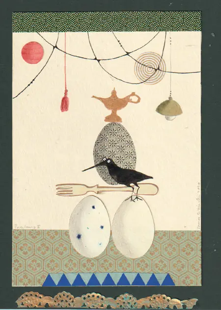 Tamar Rubinstein, Toverlantaarn 2, Mixed media/collage on paper in wooden frame, 27x21 cm, 150,-