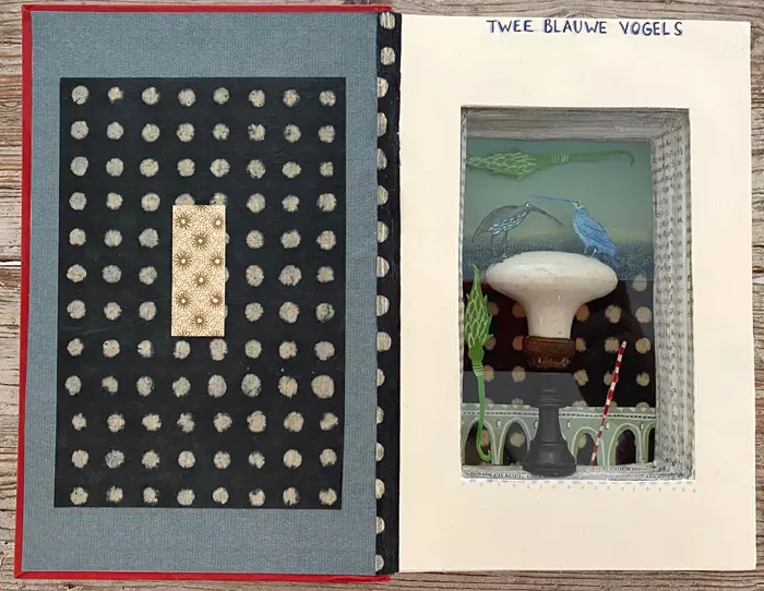 Tamar Rubinstein, Twee blauwe vogels, 195 euro, Mixed media in old book, 24x30 cm