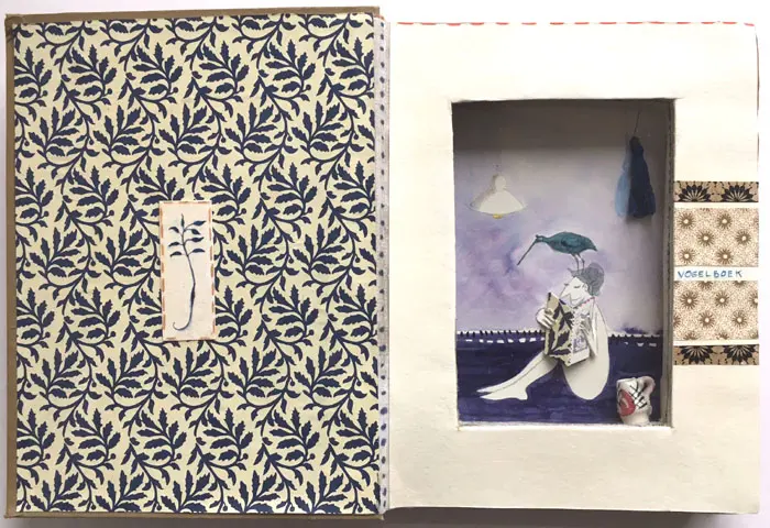 Tamar Rubinstein, Vogelboek 3, 185 euro, Mixed media in old book, 31x20x4 cm