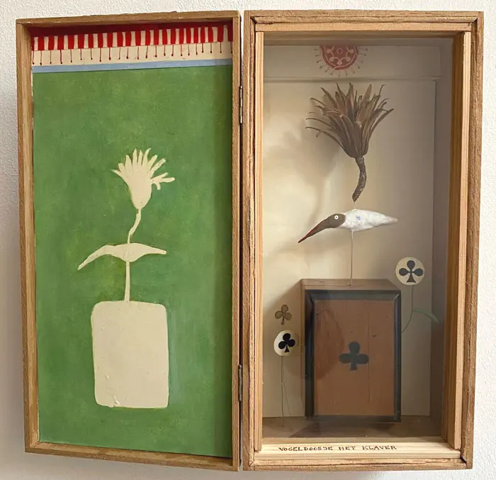 Tamar Rubinstein, Vogeldoosje met Klaver, 195 euro, Mixed media in cigar box, 28x27x7 cm
