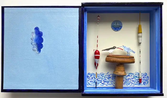 Tamar Rubinstein, Vogels aan zee, 195 euro, Mixed media in cigar box (can be hung), 20x38x7 cm