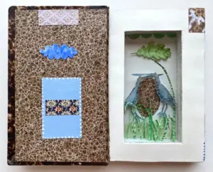 Tamar Rubinstein, Vogels in het Riet, 185 euro, Mixed media in vintage book, 18x23x3 cm