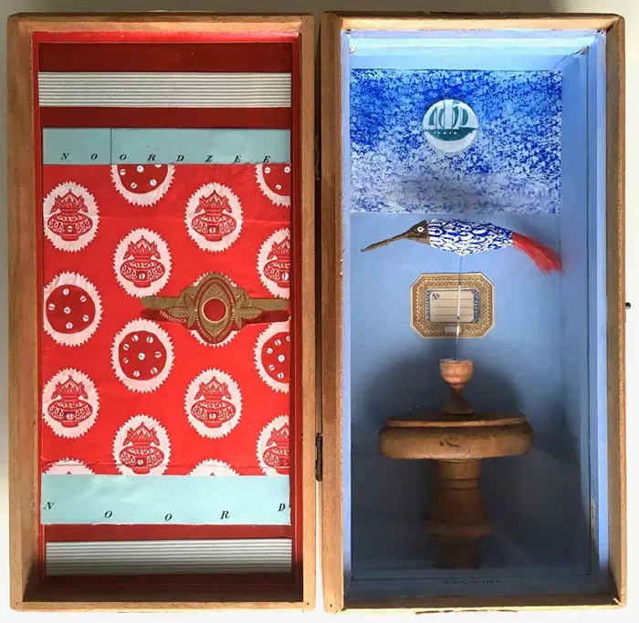 Tamar Rubinstein, Zeevogel 3, 175 euro, Mixed media in cigar box, 27x27x3 cm