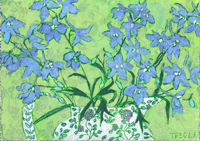 Thecla Renders, Blauwe bloemen in witte kan, Mixed media on wood, 21x30 cm, €.175,-