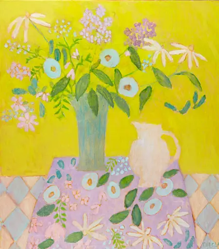 Thecla Renders, Bloemen in bloemen geel, Oil on canvas, 90x80 cm, €.2000,-