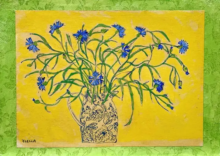 Thecla Renders, Blue Dance, 250 euro, Mixed media on paper and wood (unframed), 26x36 cm