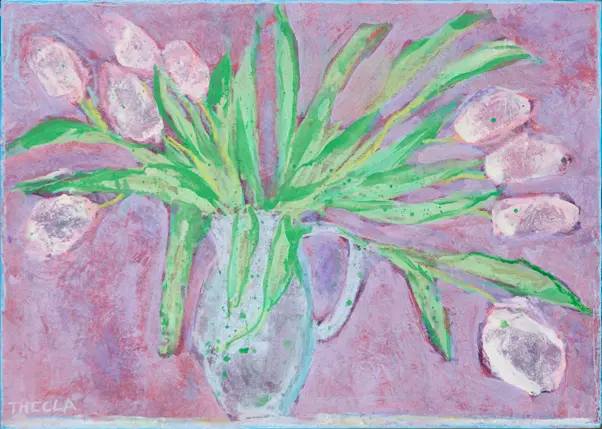 Thecla Renders, Blue Tulips, Mixed media on board, 21x30 cm, €.175,-