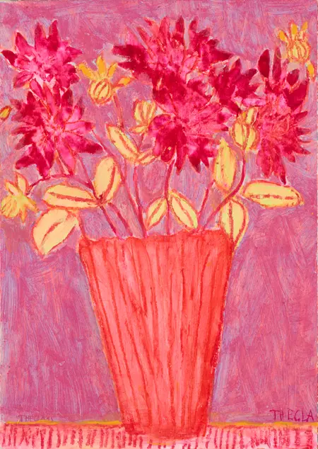 Thecla Renders, Dahlia's 1 rood, Mixed media on wood, 30x21 cm, €.175,-