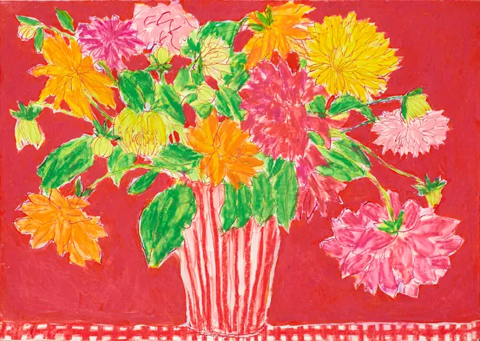 Thecla Renders, Dahlia's 2 rood, Mixed media on wood, 30x21 cm, €.175,-