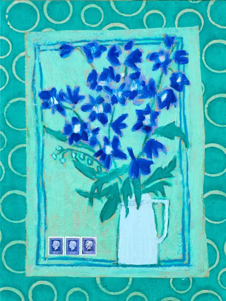 Thecla Renders, Dahlia's 3, Mixed media on wood, 40x30 cm, €.195,-