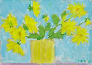 Thecla Renders, Dahlia's uit de tuin, Mixed media on panel, 30x21 cm, €.175,-