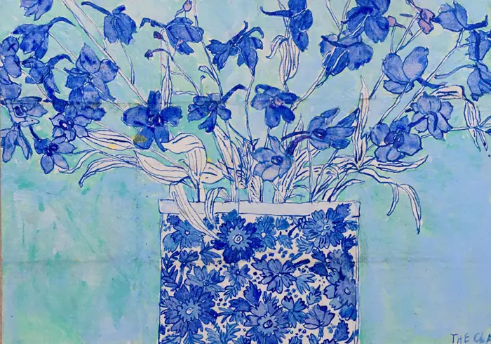 Tecla Renders, Delphiniums in royal Delft, Mixed media on paper on panel, 21x30 cm, €.250,-