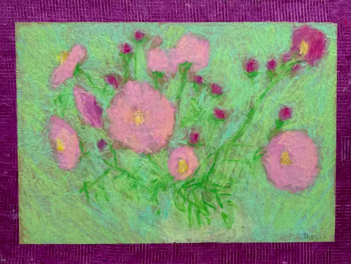 Thecla Renders, Dreamy pink flowers, 250 euro, Mixed media on wood, unframed, 25x34 cm
