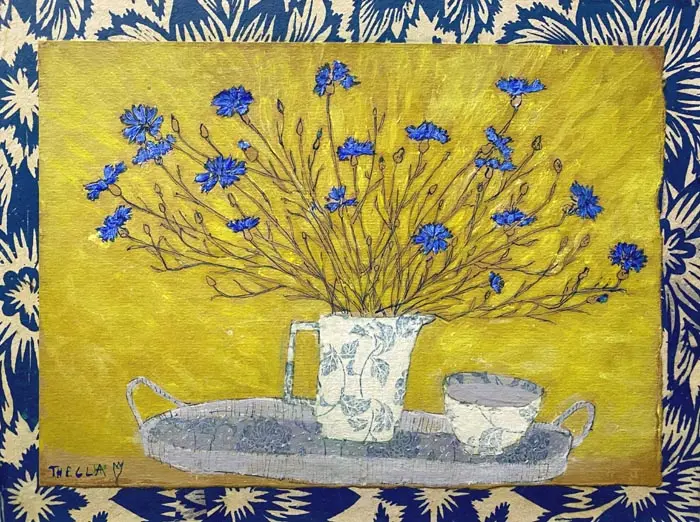 Thecla Renders, Dutch Cornflowers, 300 euro, Mixed media on paper and wood (unframed), 30x40 cm