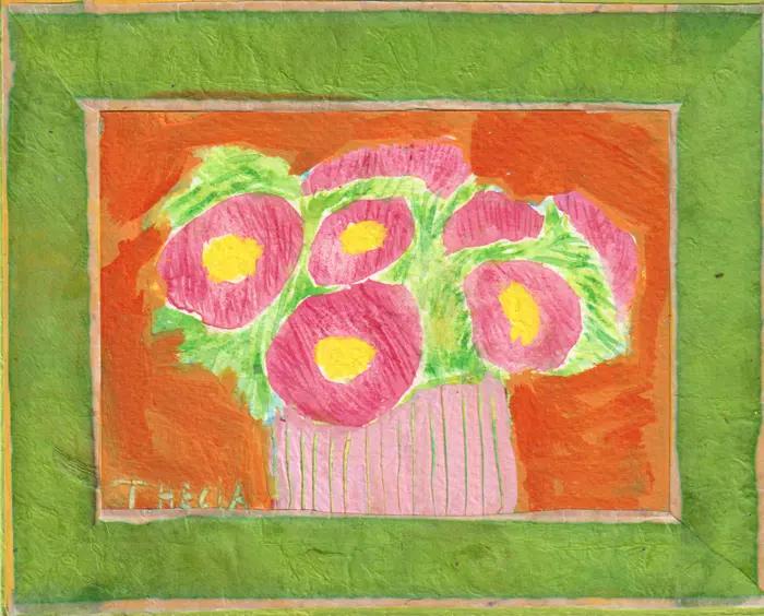 Thecla Renders, Happy Flowers, 75 euro, Mixed media on wood, unframed, 16x20 cm