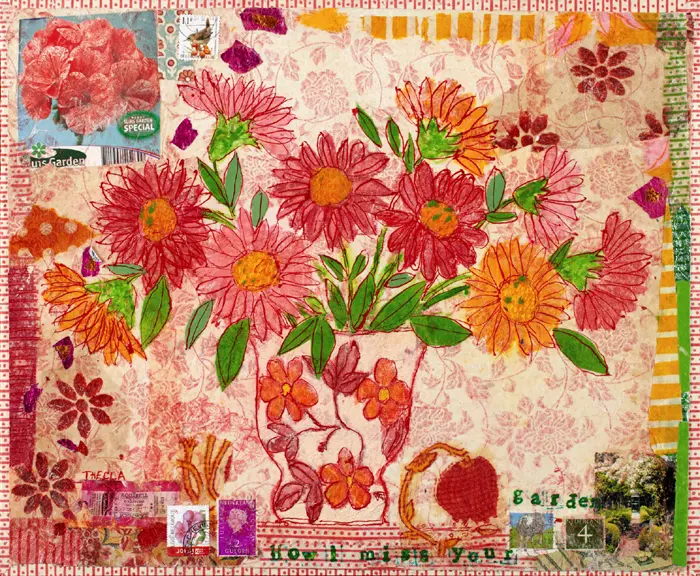 Thecla Renders, How I miss my garden, Mixed media on paper and wood (unframed), 34x42 cm, €.275,-