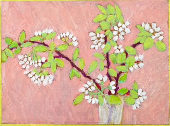Thecla Renders, Islandblossom, Mixed media on paper and wood, 26x35 cm, €.250,-