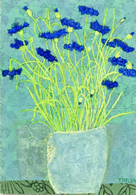 Thecla Renders, Korenbloemen en herinnering, Mixed media on paper, 20x30 cm, €.175,-