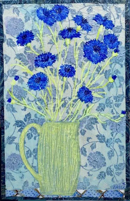 Thecla Renders, Korenbloemen in gele kan, 250 euro, Mixed media, 32x21 cm (better photo to follow)