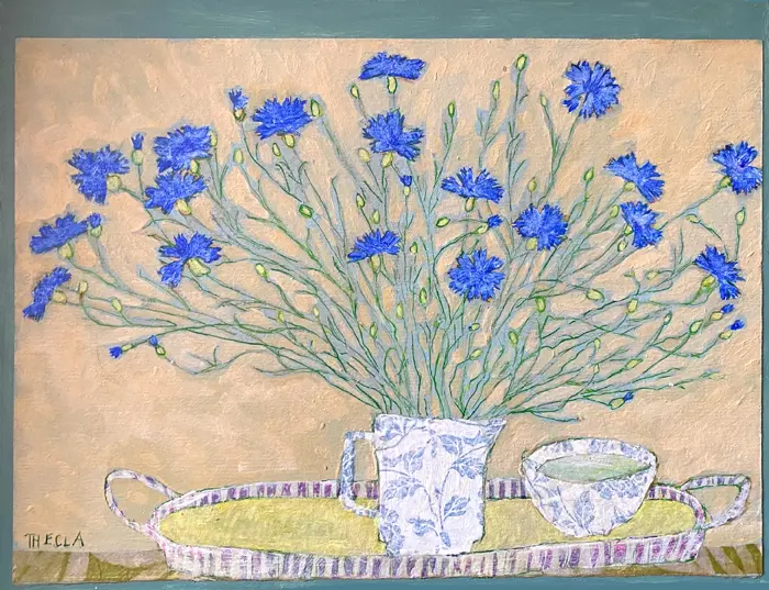 Thecla Renders, Korenbloemen met kom, 300 euro, Mixed media, 27x35 cm