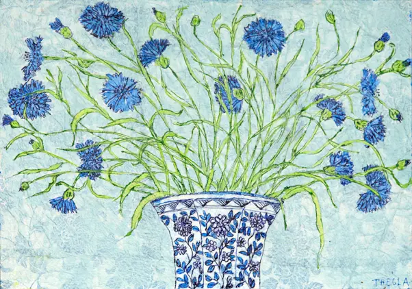 Thecla Renders, Korenbloemen voor Wiebke, Mixed media on paper and wood, 21x30 cm, €.175,-