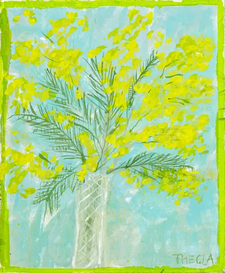 Thecla Renders, Mellow Yellow, Mixed media on paper and wood, 23x19 cm, €.150,-