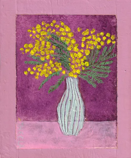 Thecla Renders, Mimosa, Mixed media on paper on wood, 24x20 cm, €.195,-