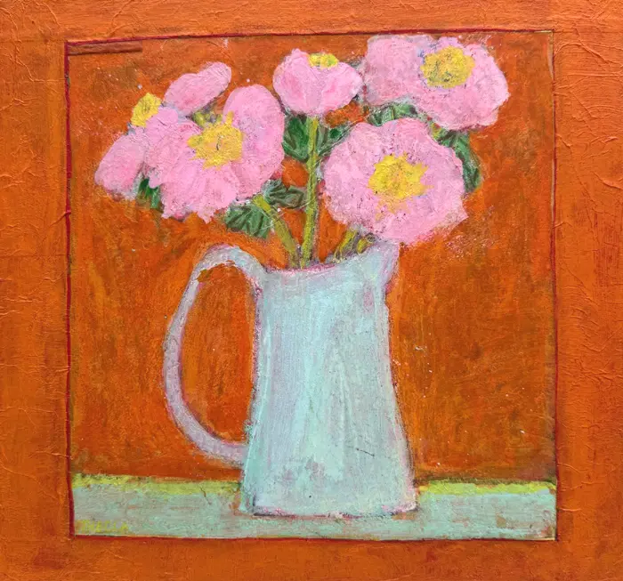 Thecla Renders, Pink flowers in orange and blue, 250 euor, Mixed media on wood, unframed (none needed), 22x31 cm