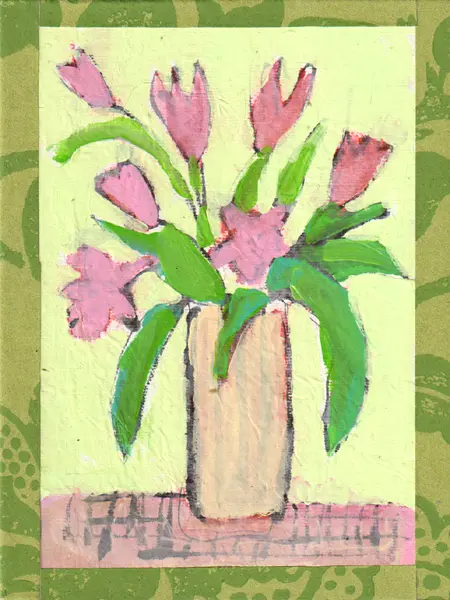 Tecla Renders, Pink Tulips, Mixed media on paper on panel, 23x18 cm, €.150,-