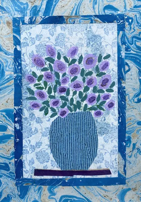 Thecla Renders, Purple heart, 295 euro, Mixed media on paper on panel, unframed, 42x30 cm