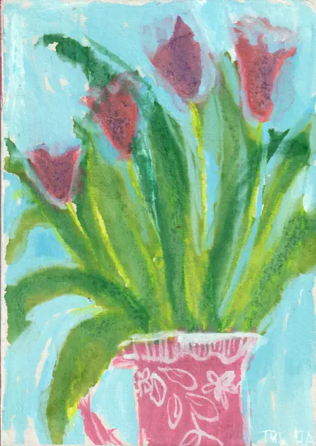 Tecla Renders, Reminiscence (roze tulpen), Mixed media on paper on panel, 21x30 cm, €.175,-