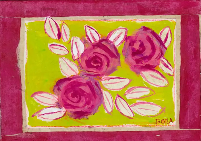 Thecla Renders, rozen rood, Mixed media on panel, 21x15 cm, €.65,-