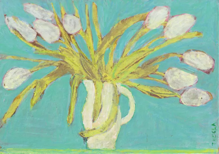 Tecla Renders, Springdance II witte tulpen, Mixed media on paper on panel, 21x30 cm, €.175,-