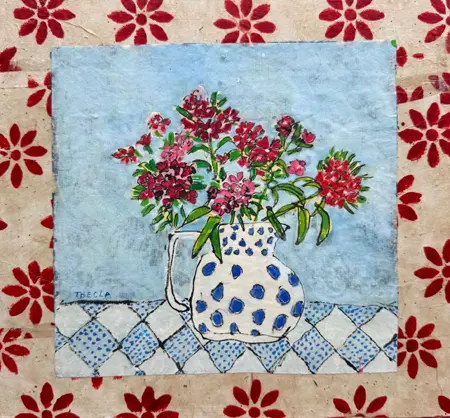 Thecla Renders, Sweet beauty in polka dots, 400 euro, Mixed media on wood, unframed, 26x28 cm