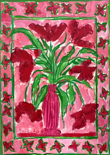 Thecla Renders, Vaas met rode bloemen, Mixed media on paper and wood (unframed), 42x30 cm, €.225,-