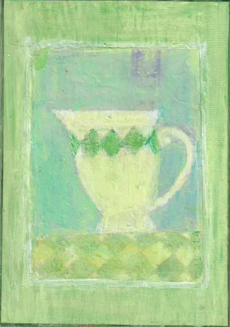 Thecla Renders, White Jug, 120 euro, Mixed media on wood, unframed, 20x15 cm