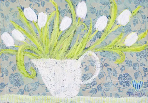 Thecla Renders, White Tulips, Mixed media on board, 21x30 cm, €.150,-