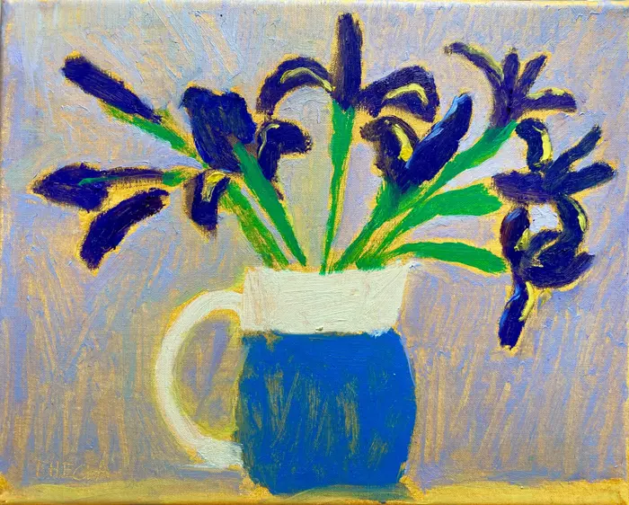 Thecla Renders, With flowers in my heart 2 irissen, 350 euro, Oil on canvas, 30x24 cm