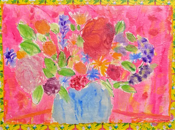 Thecla Renders, With flowers in my heart 4, 300 euro, Mixed media on paper, 32x43 cm