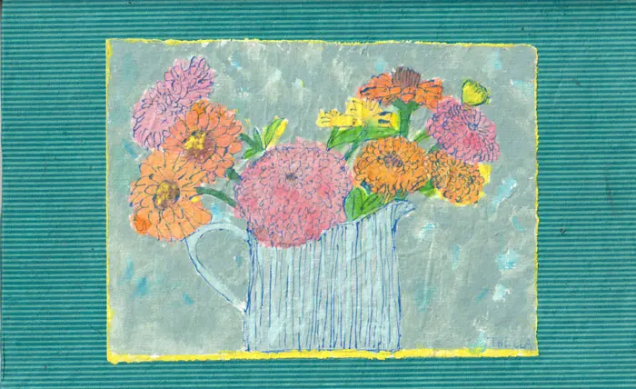 Thecla Renders, Zinnia's, Mixed media on wood, 16x25 cm, €.125,-