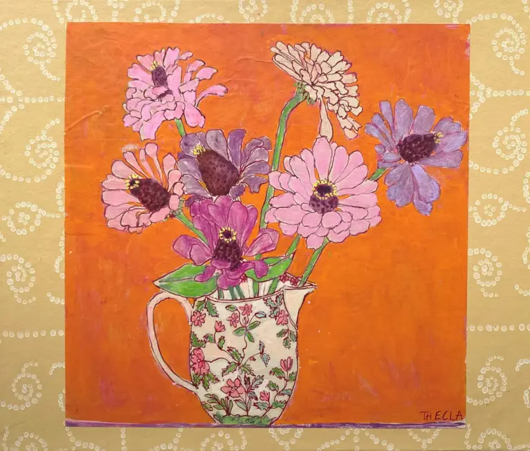 Thecla Renders, Zinnia's, 275 euro, Mixed media on paper and wood (unframed), 26x30 cm
