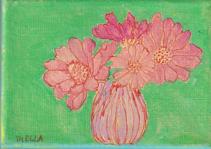 Thecla Renders, Zinnia's in green, 250 euro, Mixed media on canvas, unframed, 13x18 cm