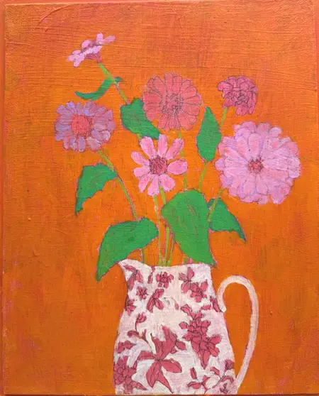 Thecla Renders, Zinnia's in orange, 300 euro, Mixed media on wood, unframed, 31x26 cm