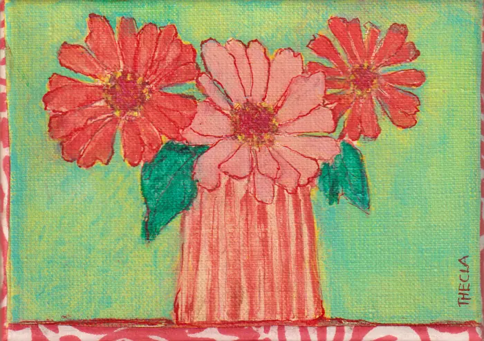 Thecla Renders, Zinnia's red stripes, 250 euro, Mixed media on canvas, unframed, 13x18 cm