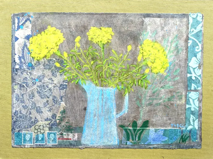 Thecla Renders, zomer zonder tijd 1 (citroengeel), Mixed media on wood, 30x40 cm, 225,-