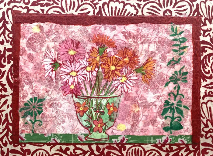 Thecla Renders, zomer zonder tijd 2 rood en groen), Mixed media on wood, 25x34 cm, €.195
