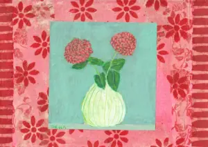 Thecla Renders, zomer zonder tijd 4 (rouge a deux), Mixed media on wood, 21x30 cm, €.175,-